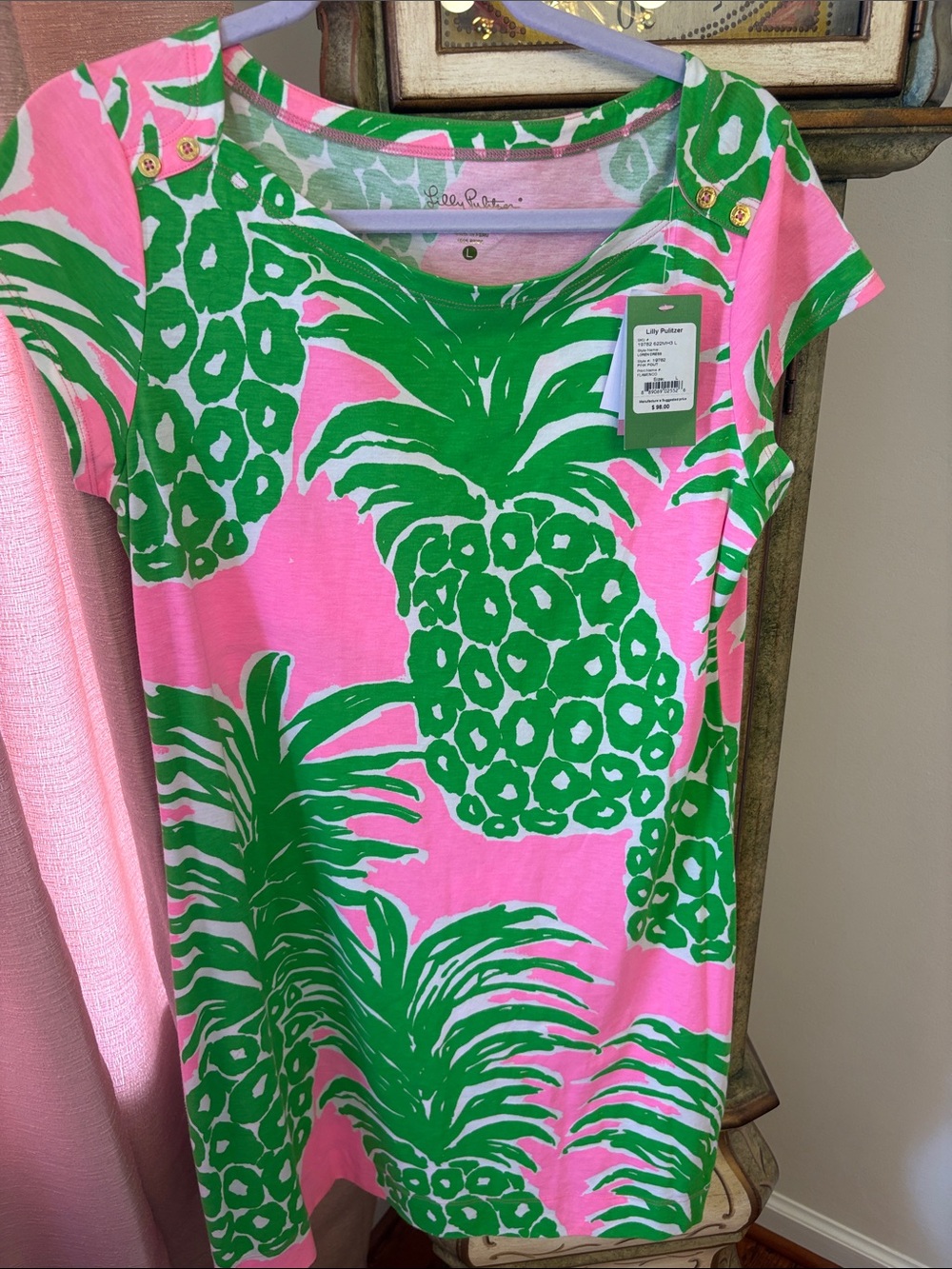 Lilly Pulitzer Pink Dress with Green Pineapple Print NWT large